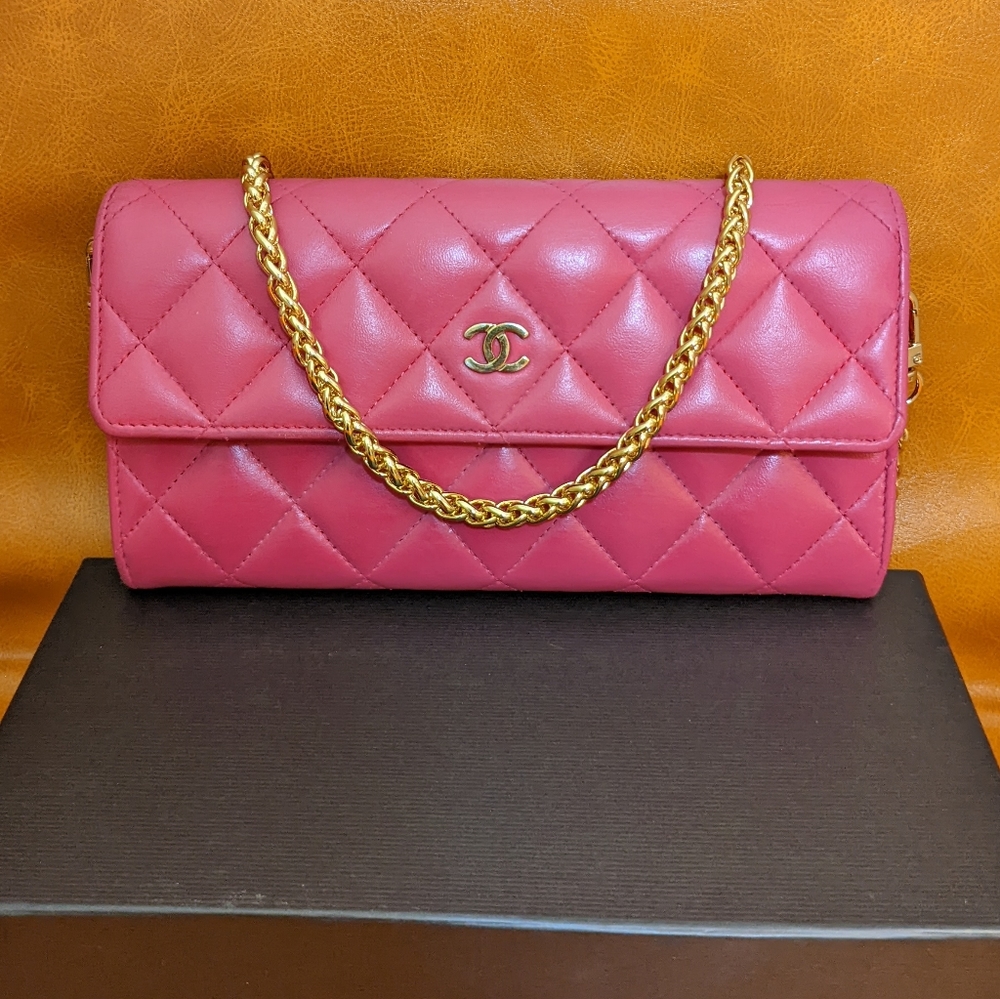 Chanel lambskin leather long wallet hot pink
